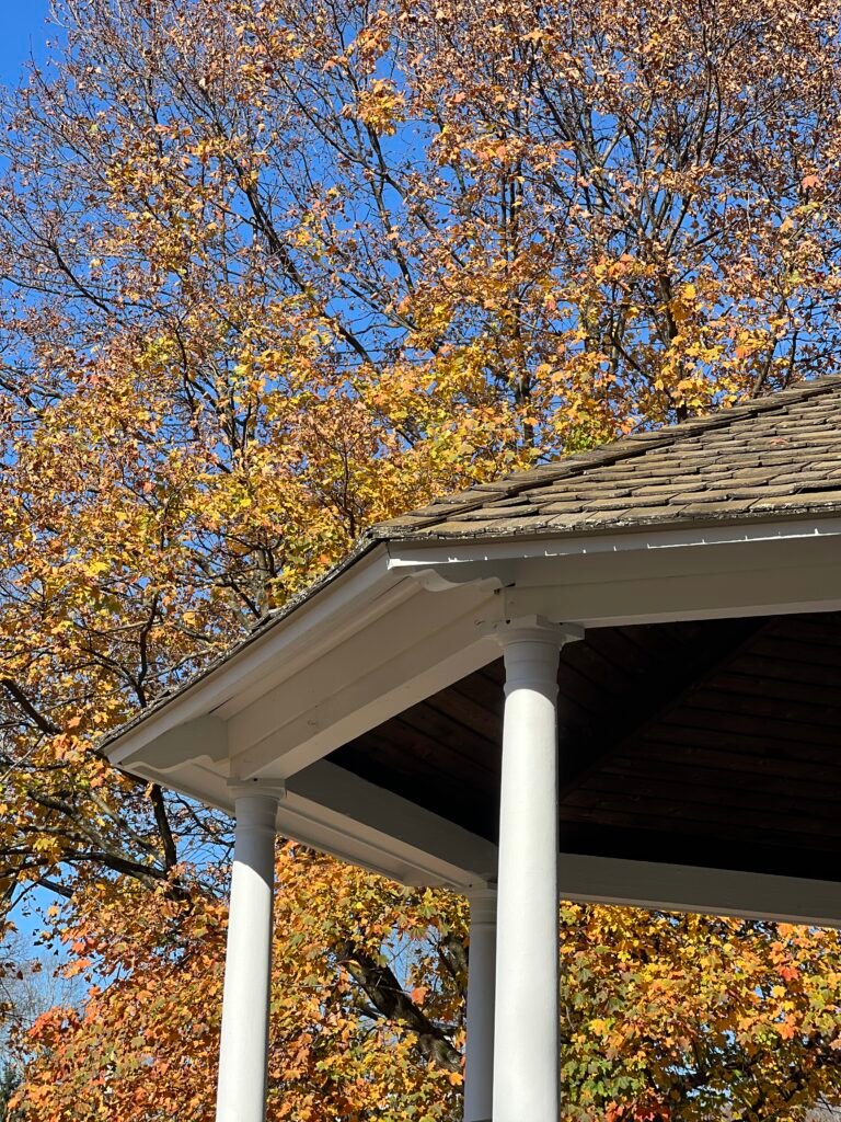 White gazebo with autumn leaves and blue sky in the background